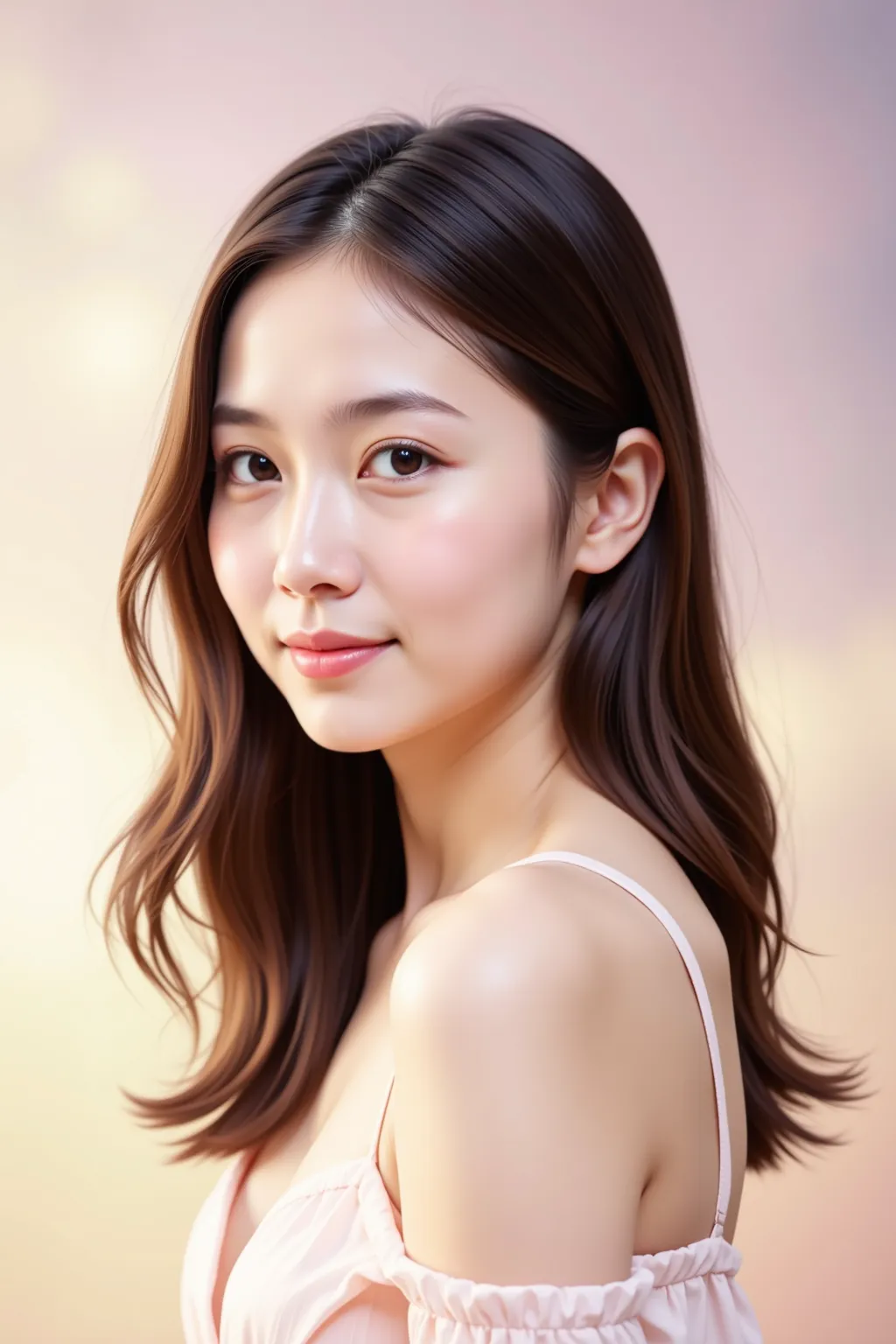 「A portrait of an unknown woman with soft, delicate features. She has long, flowing hair, a serene expression, and is dressed in a simple yet elegant outfit. The background is a soft, blurred gradient of pastel colors, giving a peaceful and timeless feelin...