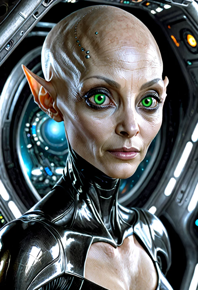 female humanoid alien hybrid, attractive, bald no hair, big void eyes, huge cleavage, pointy ears, alien humanoid, spaceship