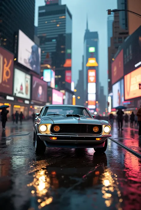  New York, Times Square ,it&#39;s raining,evening,there is a gray 1969 Ford Mustang on the road with its headlights on,realism