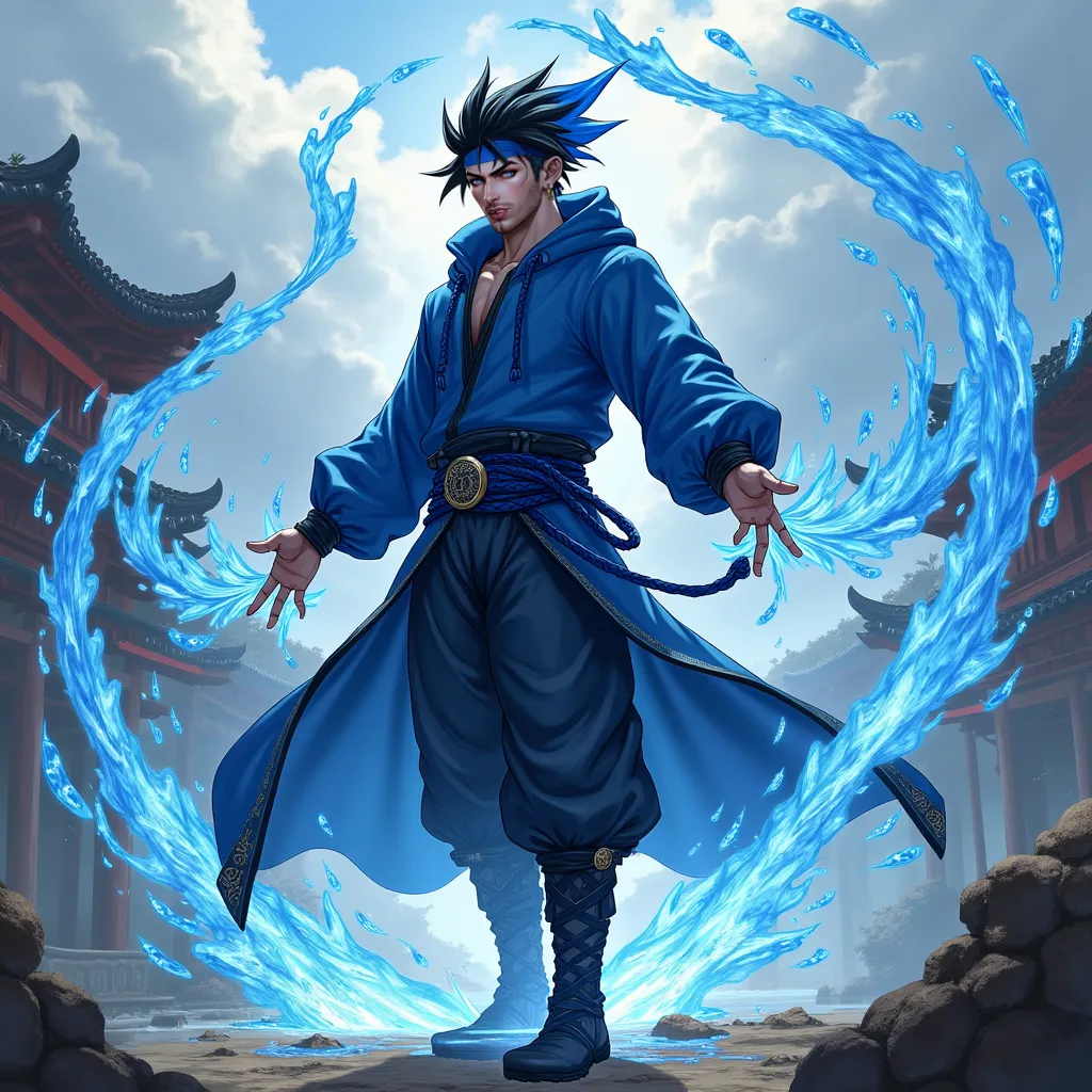 image of a male RPG character full body killer with blue hoodie, black hair spiked with blue tuft, a blue earring and mask, dividing with a water trail, separating into several clones water, effect on the whole body with the shade of magic water with black...