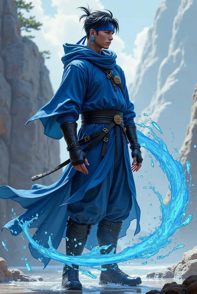 image of a male RPG character full body killer with blue hoodie, black hair spiked with blue tuft, a blue earring and mask, dividing with a water trail, separating into several clones water, effect on the whole body with the shade of magic water with black...