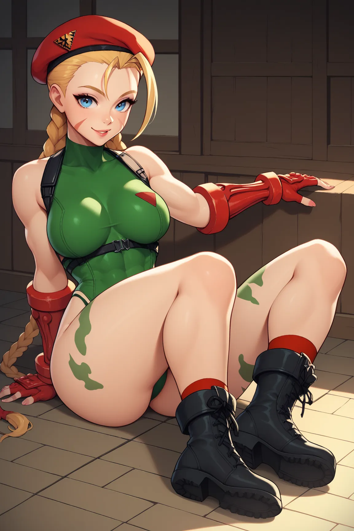 CammyWhiteSFXL,  cheek scar ,  blue eyes,  blond hair,  Long hair ,  double braids ,  antenna hair , camouflage, Red Beret,  big breasts,  slim body, bare shoulders , green swimsuit, black harness, red gloves,  fingerless gloves , black boots,  Alone,   fu...