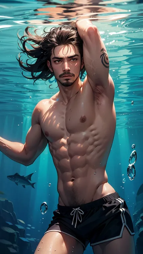 A thrilling, dynamic underwater perspective capturing a powerful, tan-skinned man with a muscular physique mid-dive into a crystal-clear deep blue lake. His long, untied hair and thick mustache flow with the motion, and his body is fully covered in eccentr...