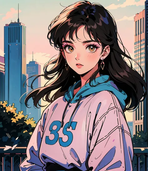 Best image high quality, 1980s style animation, watercolor paint, 18 year old girl, bishoujo, cat eye makeup, cute makeup, cute face, black hair, long hair, light brown eyes,  With a baggy sweatshirt, half body, city, evening in the park, retro, summer