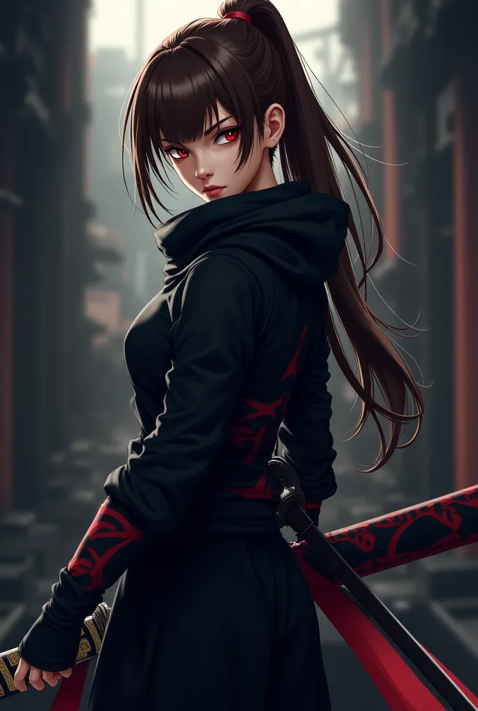 Realistic anime details of a ninja. Long hair in a brown ponytail, red eyes and ninja clothes with katana.