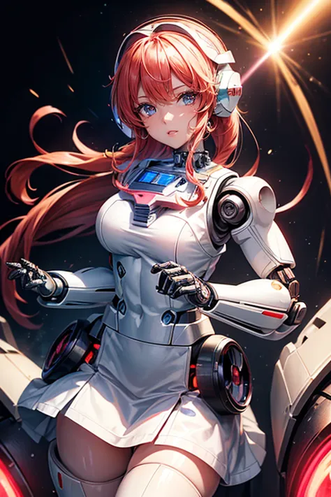 1 super cute girl wears a red ruby pink armor, Mechanical wing, Background of the Space War, Rainbow Aura Body, Power of Supernova, Light Red Hair, red eyes, perfect body, sexy, neon GLOW, Shooting Beam Cannon, sad mood, slurp,  fighting stance, Mecha Musu...