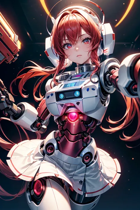 1 super cute girl wears a red ruby pink armor, Mechanical wing, Background of the Space War, Rainbow Aura Body, Power of Supernova, Light Red Hair, red eyes, perfect body, sexy, neon GLOW, Shooting Beam Cannon, sad mood, slurp,  fighting stance, Mecha Musu...