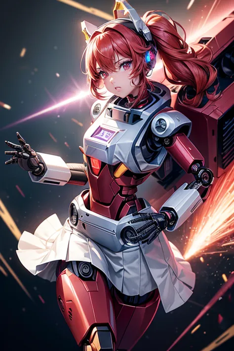 1 super cute girl wears a red ruby pink armor, Mechanical wing, Background of the Space War, Rainbow Aura Body, Power of Supernova, Light Red Hair, red eyes, perfect body, sexy, neon GLOW, Shooting Beam Cannon, sad mood, slurp,  fighting stance, Mecha Musu...