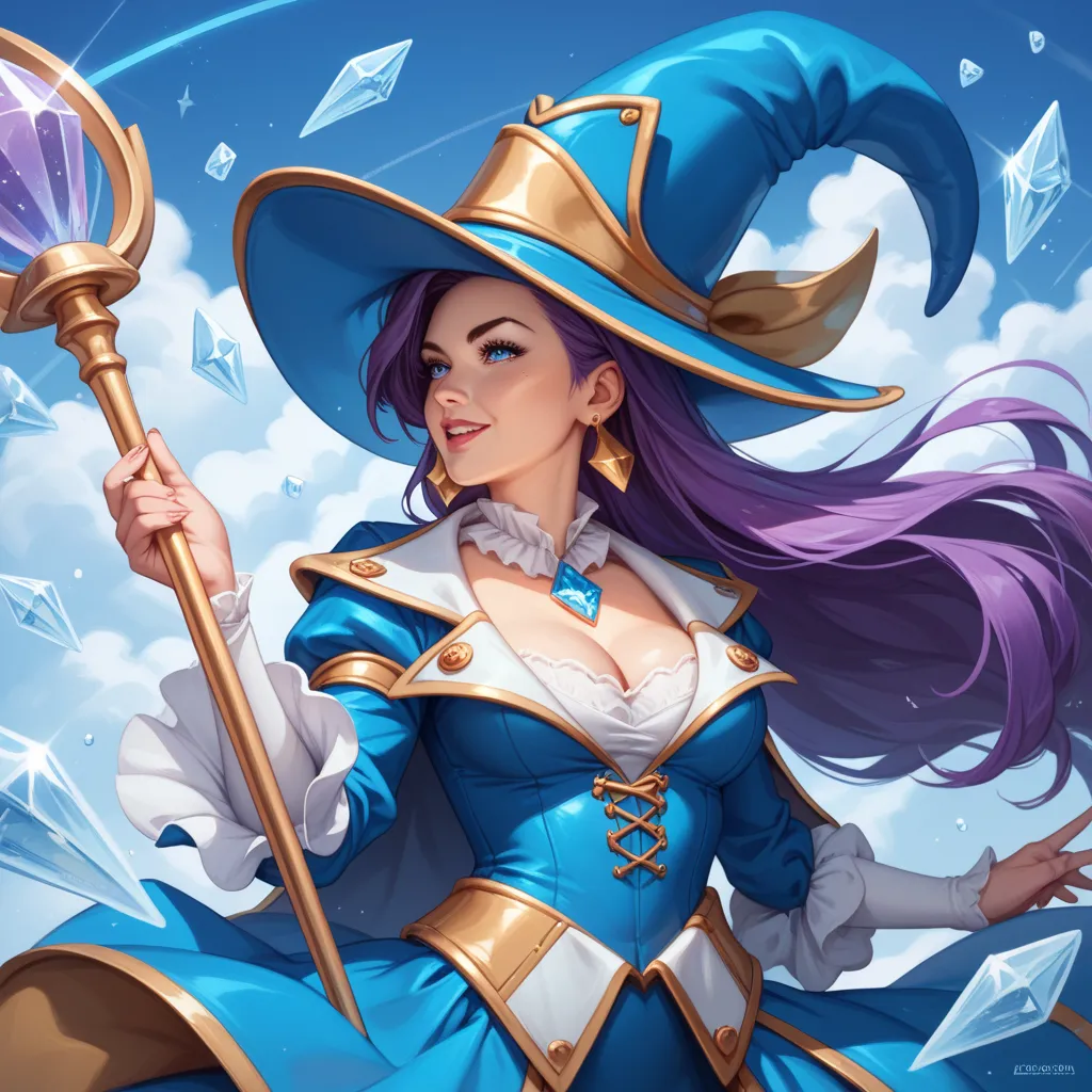 Create a feminine character with angelic beauty, Mature and a touch of luxury, in a full profile from head to toe, with purple hair, blue eyes, Elfa magician with ice power wearing pirate-style clothes with witch's hat, holding a scepter the same size as t...