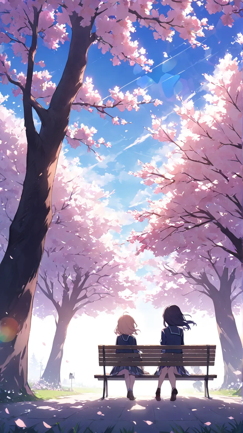 spring、blue sky、cherry blossoms、cherry blossoms吹雪、Large Tree、2 girls,Us、sitting on a bench、school uniforms、Long Shots、How hair flutters in the wind、lens flare, widescreen, silhouette、