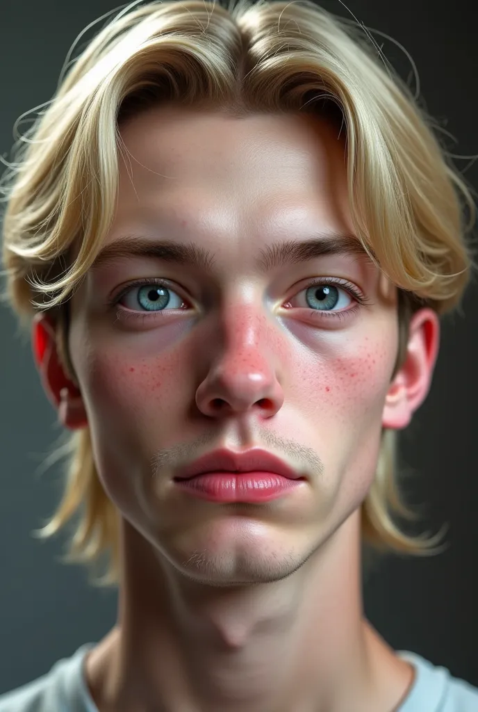 (photorealism:1.2), young male, white, long natural blonde hair, heterochromia, one grey eye, one Blue eye, two different coloured eyes, full chin, detailed eyes, detailed lips, extremely detailed face, (best quality,8k,highres,masterpiece:1.2), (realistic...