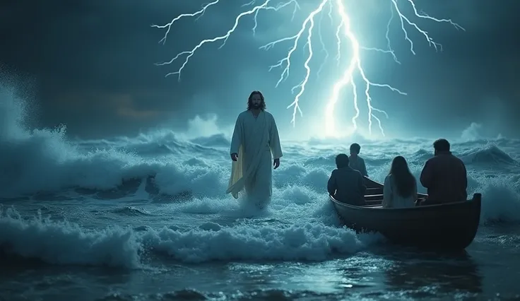 Jesus walks calmly across the storm-tossed sea, his white robe glowing in the darkness as lightning splits the sky. The fierce waves crash around him, yet he moves with serene authority, unaffected by the chaos. His face is peaceful and resolute as he spea...