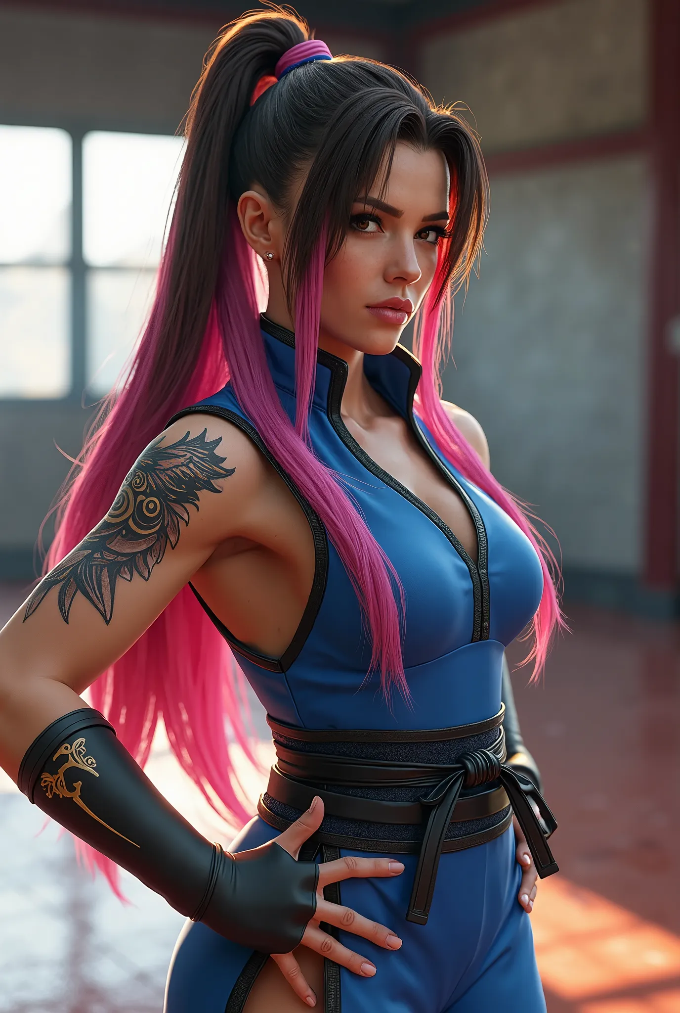 Chun-li A closeup ((photorealistic)) image of a muscular Caucasian Lindsey Strutt brunette with pink and blue highlight and a ((phoenix tattoo on her left shoulder)) is dressed as ((Chun-Li from Street Fighter 2 )) hands on her hips in an empty karate dojo