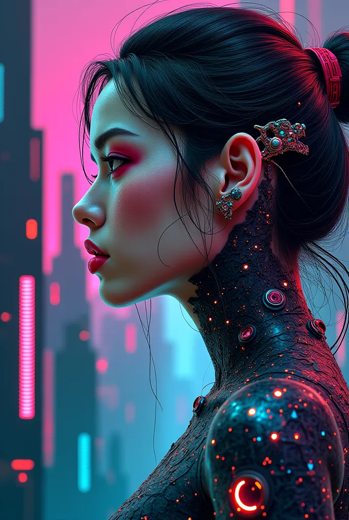 Design for a tattoo, fullcolor style, of a female face, profile, mixed with cyberpunk 