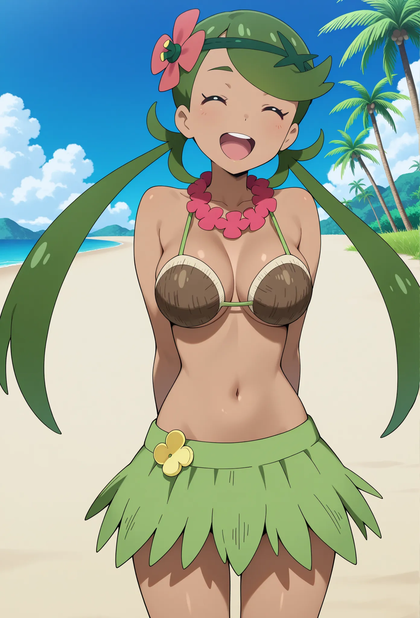 high resolution picture, masterpiece, best quality, amazing quality, solo, zzMallow, green hair, green eyes, hair flower, hair ornament, medium breasts, anime_screencap       alternative outfit,               BREAK (curvy),    grass skirt, coconut bra, bea...