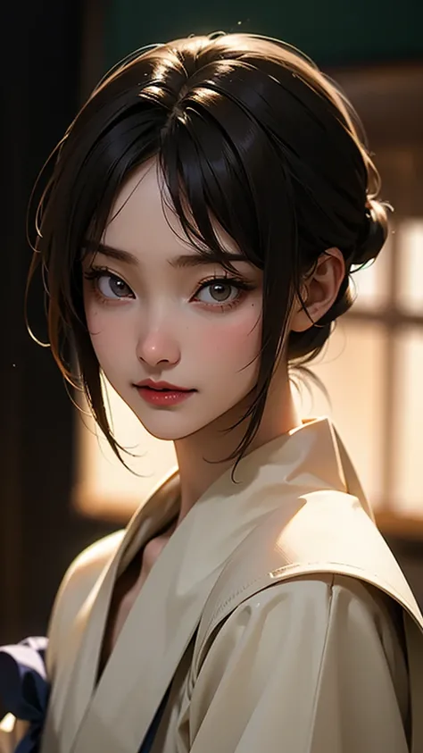 ((best quality)), ((masterpiece)), ( details), A highly detailed and realistic digital painting of a young Japanese schoolgirl with soft, delicate features. She has large, expressive brown eyes and natural, slightly parted lips, giving her an innocent and ...