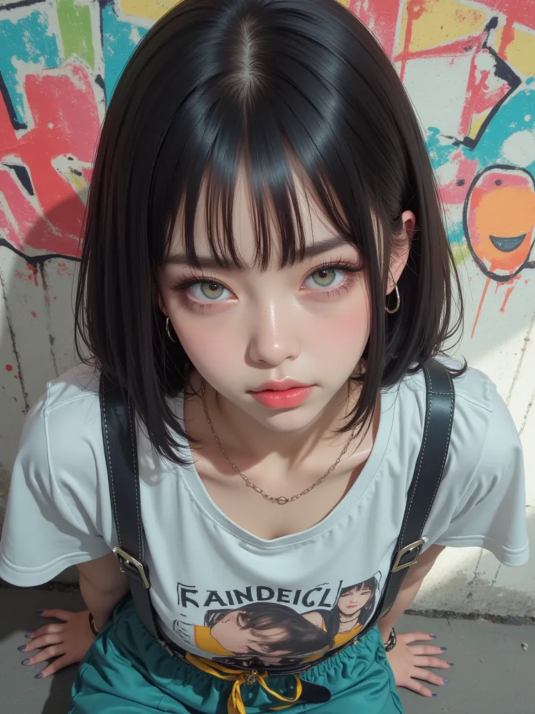 8k, masterpiece, anime style、Realistic Anime 、Aname、top quality, close-up, Eye level,  woman , black hair, Thick eyebrows,  dark eyes, white skin, red lipstick,  serious expression, white t-shirt, abstract graphic design, Teal, black,   yellow, red and whi...