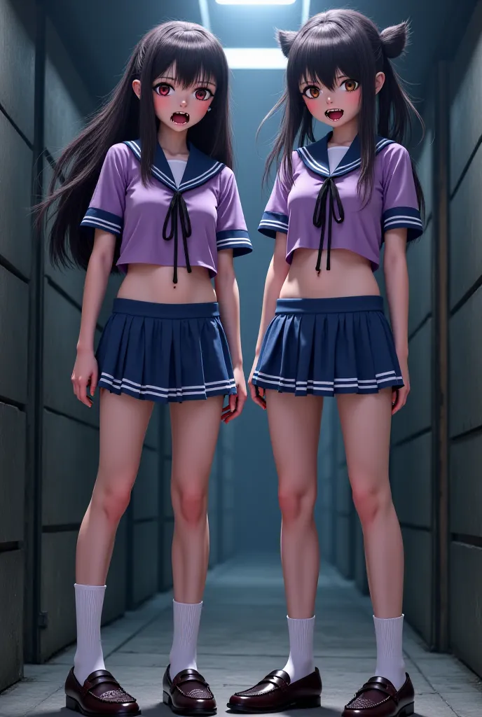 2 girls　Female high school student brainwashed and controlled by Zeragil　The upper body wears a purple short-sleeved sailor suit　Female high school student wearing a blue racing bra for her lower body　Being turned into a vampire　white tri-fold socks　loafer...