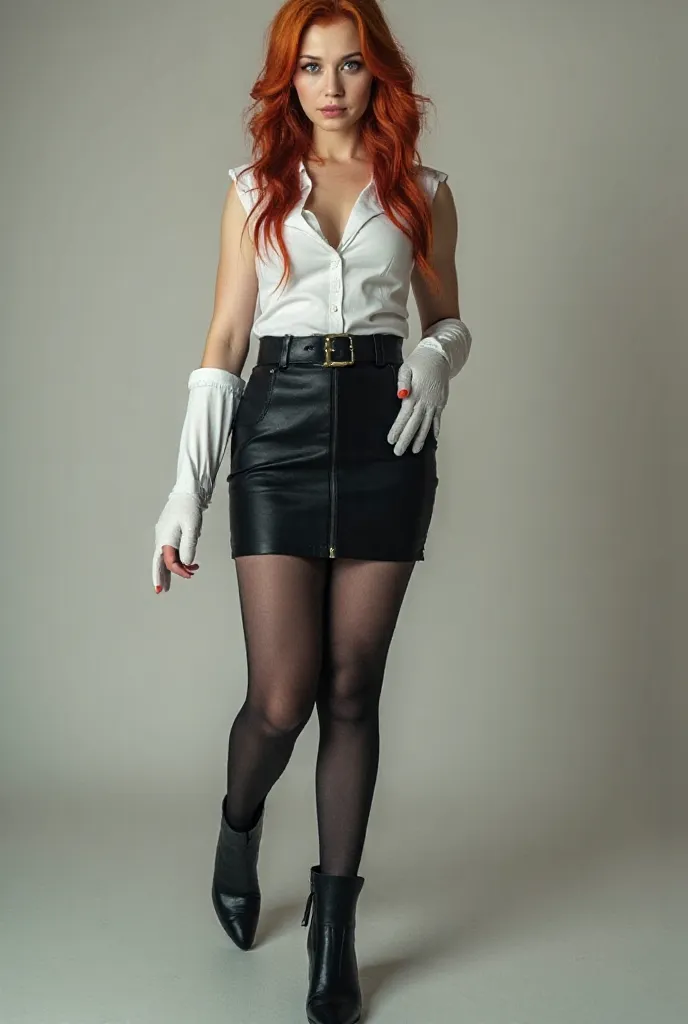 25 year old girl with red hair, in a black skirt, black nylon tights,  in white medical gloves , in a white shirt, prominent chest , full length, BLUE EYES, legs are visible, in shoes