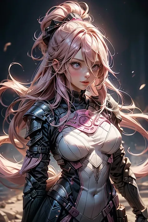 Holding a bow、Pink-haired Scandinavian girl wearing half-plate armor and a frilly skirt over a skin-tight bodysuit, (Pink Long Hair:1.4), Pink Eyes,Attractive breasts、High resolution (High Dynamic Range), Ray Tracing, NVIDIA, Super Resolution, Scattered un...