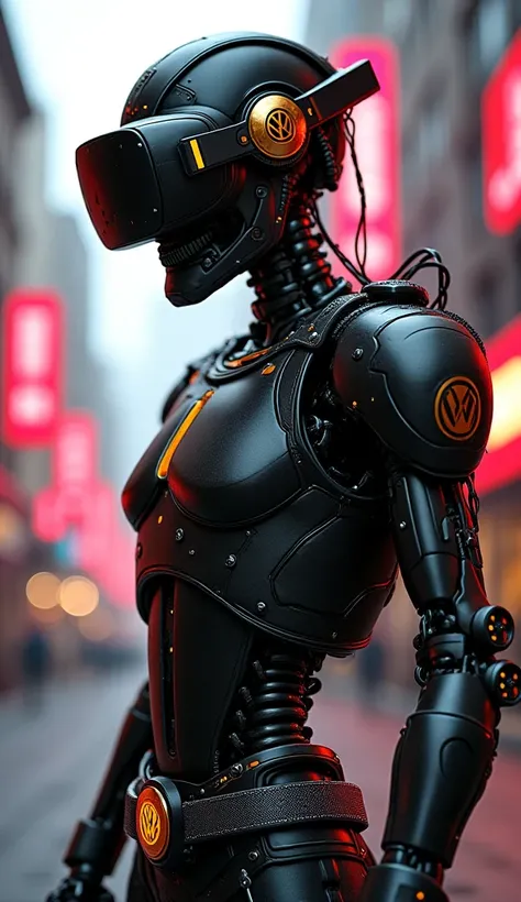 close-up, skeleton, VR helmets, black with gold, shades of red , unbuttoned on a cyberpunk,  military pants , crusher in ankle boots with an attached chain with the VW logo, crusher against the background of cyberpunk city, skeleton, человек skeleton, меха...