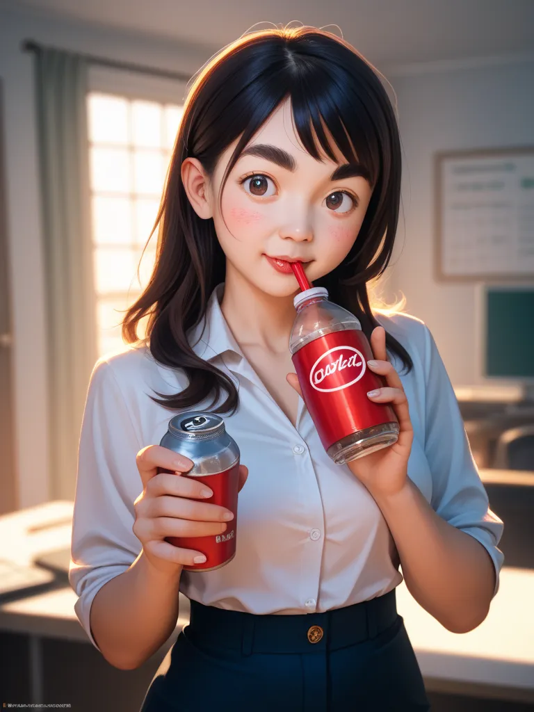 kawaii anime petit Satyros girl, round eyebrows, round face, single eyelid, bold pose, curvy, out of frame, holding coke bottle, dynamic action, 8K, high quality, professional, photorealistic, studio lighting, physically-based rendering, extreme detail, vi...