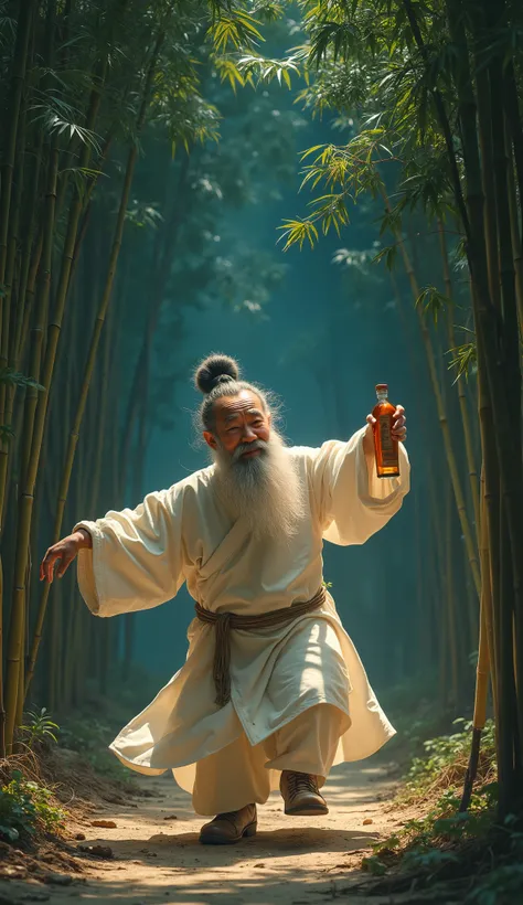 Chinese liquor hermit, an elderly Chinese man with a topknot, small, fat and red-faced, white old traditional Chinese wears, dancing in a bamboo grove with a bottle of liquor in his hand, night, photographic, reality,