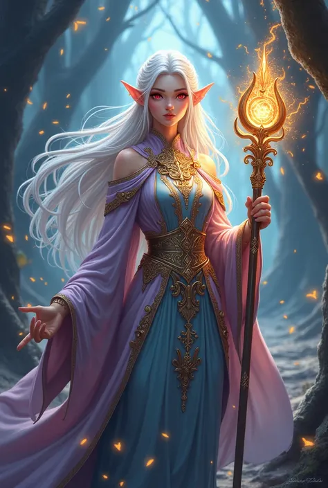 Generate me in anime style an elf has long white hair, Red eyes. She is dressed in a wizard's robe and wears a staff in her hand.