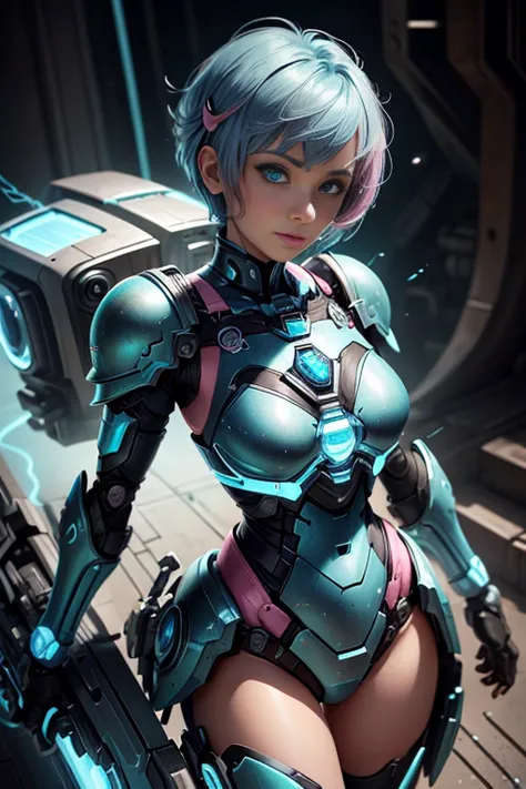 Woman,  short blue hair, cyan eyes, Pink Autobot Armor, bow, master part, Hiquality