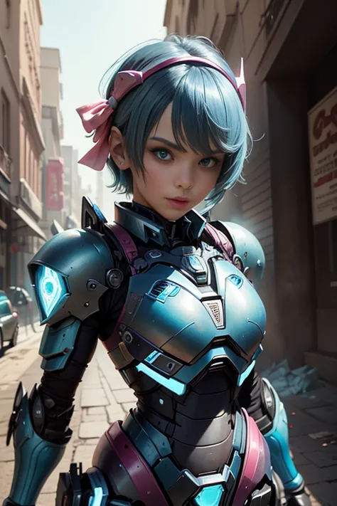 Woman,  short blue hair, cyan eyes, Pink Autobot Armor, bow, master part, Hiquality