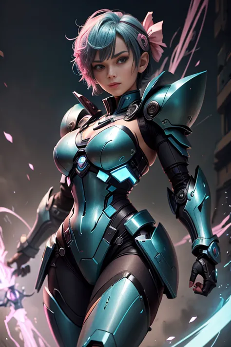 Woman,  short blue hair, cyan eyes, Pink Autobot Armor, bow, master part, Hiquality