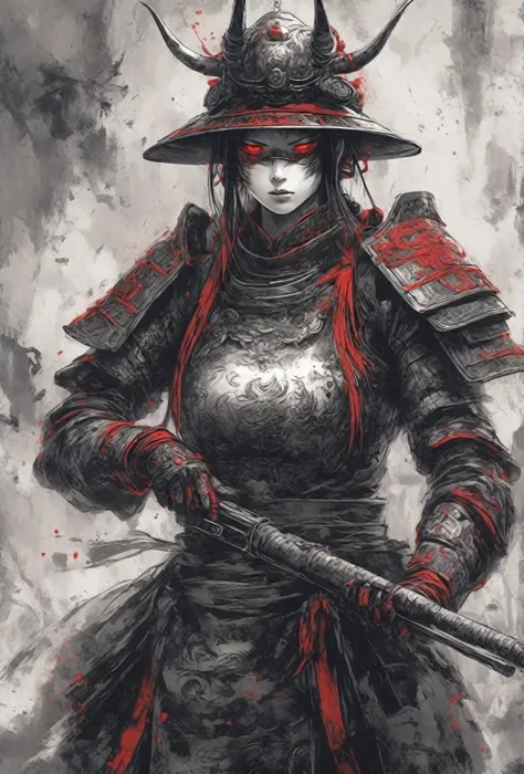 (Red Eyes)、 black and white images、The only thing red is the eye、her mouth is hidden with a mask、（The eyes glow suspiciously red）、masterpiece of a samurai wearing armor, Black and white,  High Contrast Color Details , （ hold up a gun）,  Japan Theme, super ...