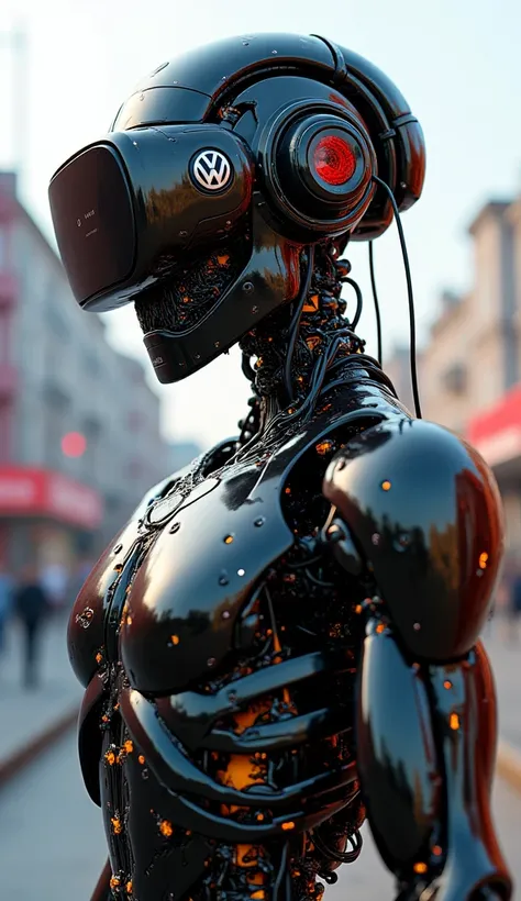 close-up, skeleton, VR helmets, black with gold, shades of red , unbuttoned on a cyberpunk,  military pants , crusher in ankle boots with an attached chain with the VW logo, crusher against the background of cyberpunk city, skeleton, человек skeleton, меха...