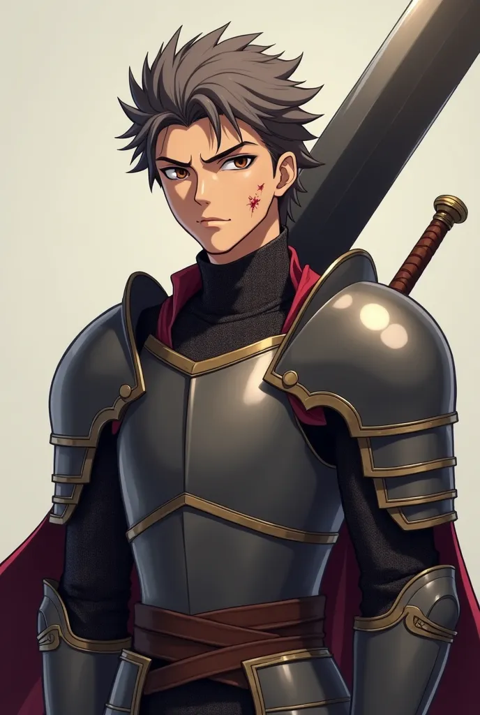 An anime image of a gentleman in armor without a helmet. He has a large, very wide, two-handed sword holstered in his back, of which only the hilt can be seen..  her face has a scar , his eyes and hair are brown, but he has a tuft of gray hair. Your face m...