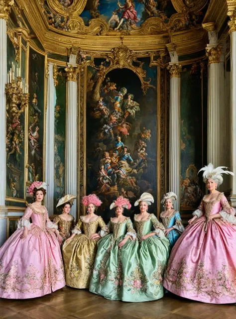 A jean baptiste martin-inspired oil-on-canvas painting featuring three female figures dressed in similar elaborate Baroque opera costumes on an 18th-century stage. Each wears a voluminous gown with pink, green, and gold hues, adorned with floral patterns, ...