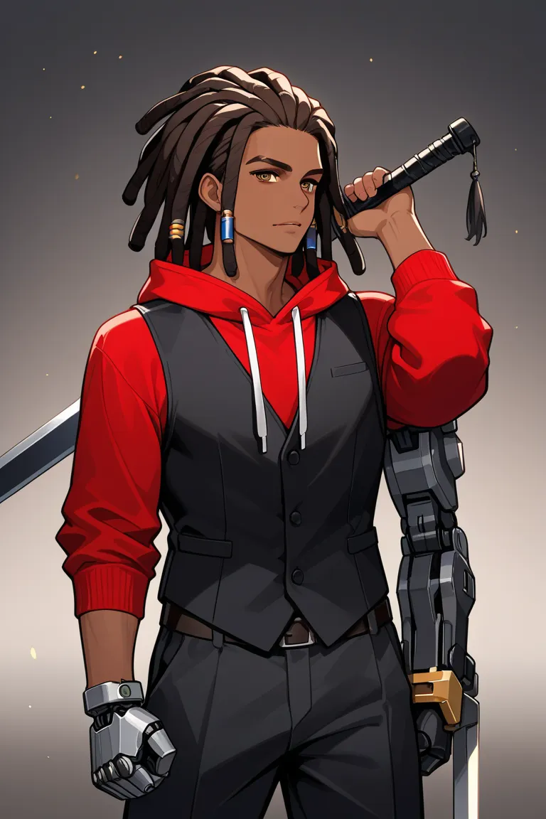 African American male with dreadlocks. Wearing a red hoodie and a black vest. His right hand is robotic and he is holding a sword is his robotic hand 