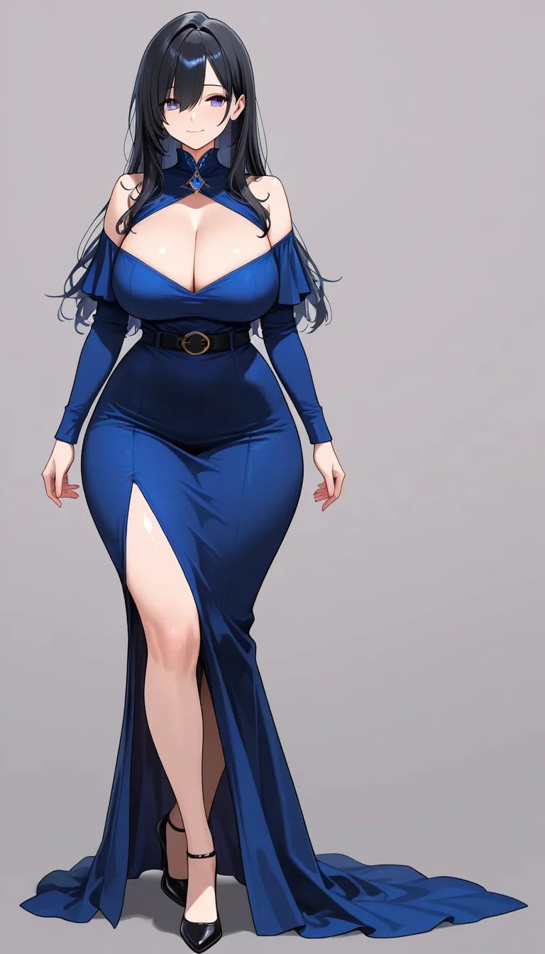 1girl, black hair, long hair, bangs, long bangs, blue eyes, large breasts, wide hips, thick thighs, shiny skin, dress, blue dress, belt, cleavage, bare shoulders, skirt, medium skirt, high heels, purple eyes, gradient eyes, blue eyes, smile, light smile, t...