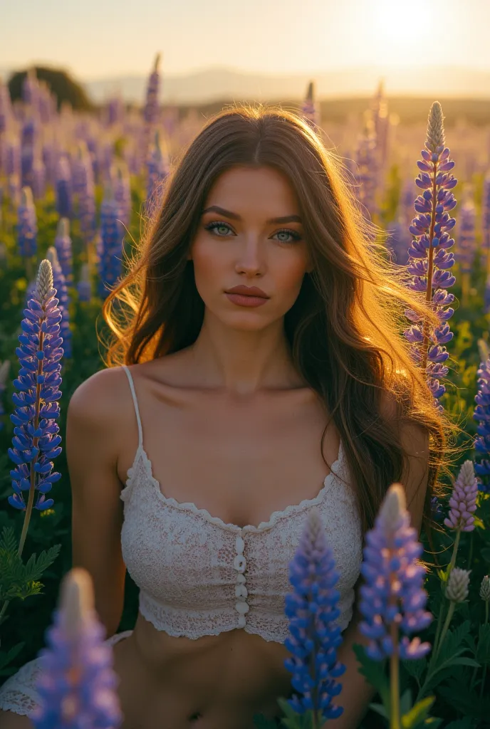 Beautiful sexy lady, straight long hair, laying in field of lupin, hair flying everywhere