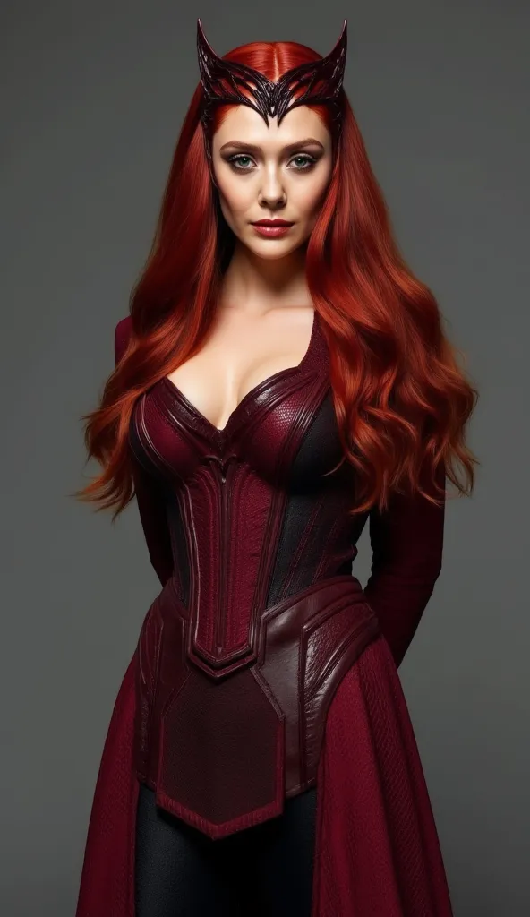 pretty girl with perfect body and huge breats standing and “looking to the camera making eye contact”. She has long straight hair. She is wearing “a very sexy scarlett witch costume with huge cleavage, "sexy leoatards"”. She has both hands behind her back.