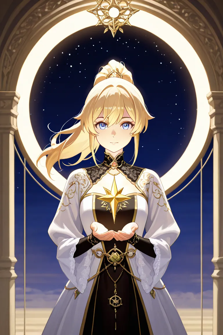 A young, light-skinned girl, likely a pre- or early , is the central figure. She has long, vibrant blonde hair styled in a high ponytail, adorned with ornate accessories such as ribbons and golden charms. Her striking light blue eyes and serene, thoughtful...