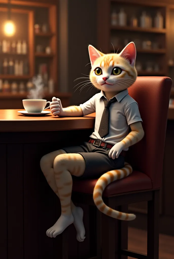 Create a real cat animal dressed in shirtless shorts with a tie around the neck with a cup of coffee while sitting at a bar table 