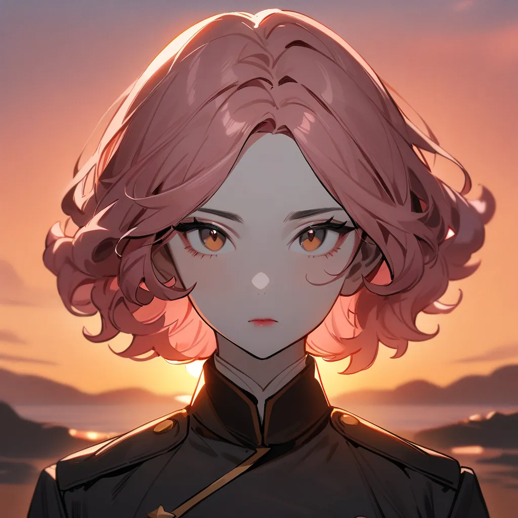 1girl, pink hair, white skin, black military uniform, short hair, brown eyes, masterpiece, tall woman, expressionless, upperbody, portrait, looking at viewer, curly hair, lipstick, ((mature woman)), flat chest, sunrise