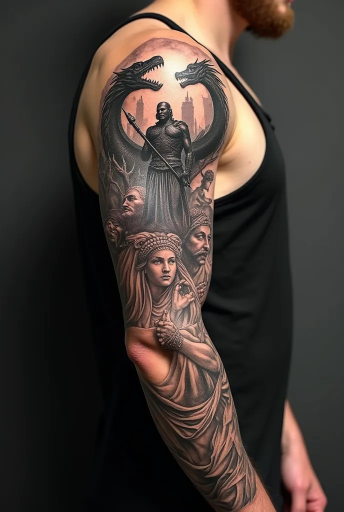 Create a tattoo on the entire arm, on the shoulder place a dragon and a warrior with a spear, going down to the arm some Greek statues, All the well-shaded tattoo 