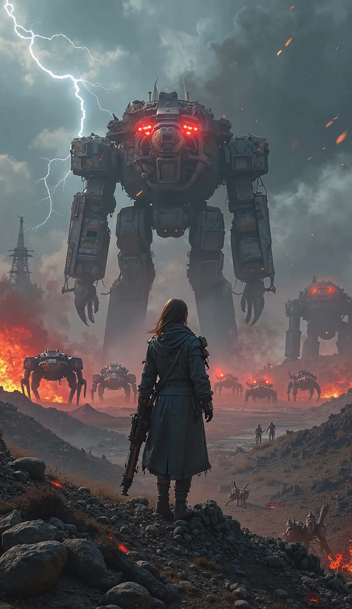  Composition :

A giant ruined factory in the middle of the wasteland, in the distance are the burning ruins, emitted clouds of smoke.
thickly thick With dark clouds, lightning flashes.
Huge cybernetic combat vehicles patrol the perimeter. Their headlights...