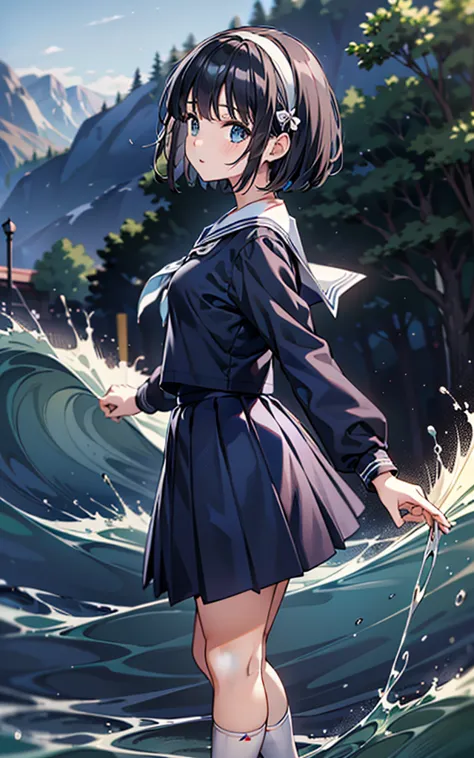 (highly detailed CG Unity 8K), (best quality)，(very well detailed)，( super high resolution ),   black hair, High school girl wearing dark blue long sleeve sailor suit,  animated 2d rendering, realistic high school girl, (white headband:1.4), 、small breasts...