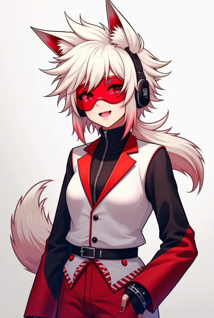 White & Red messy hair, Red punk visor, happy expression, White wolf ears, White & red suit, Black & red pants, Black belt, Black headset