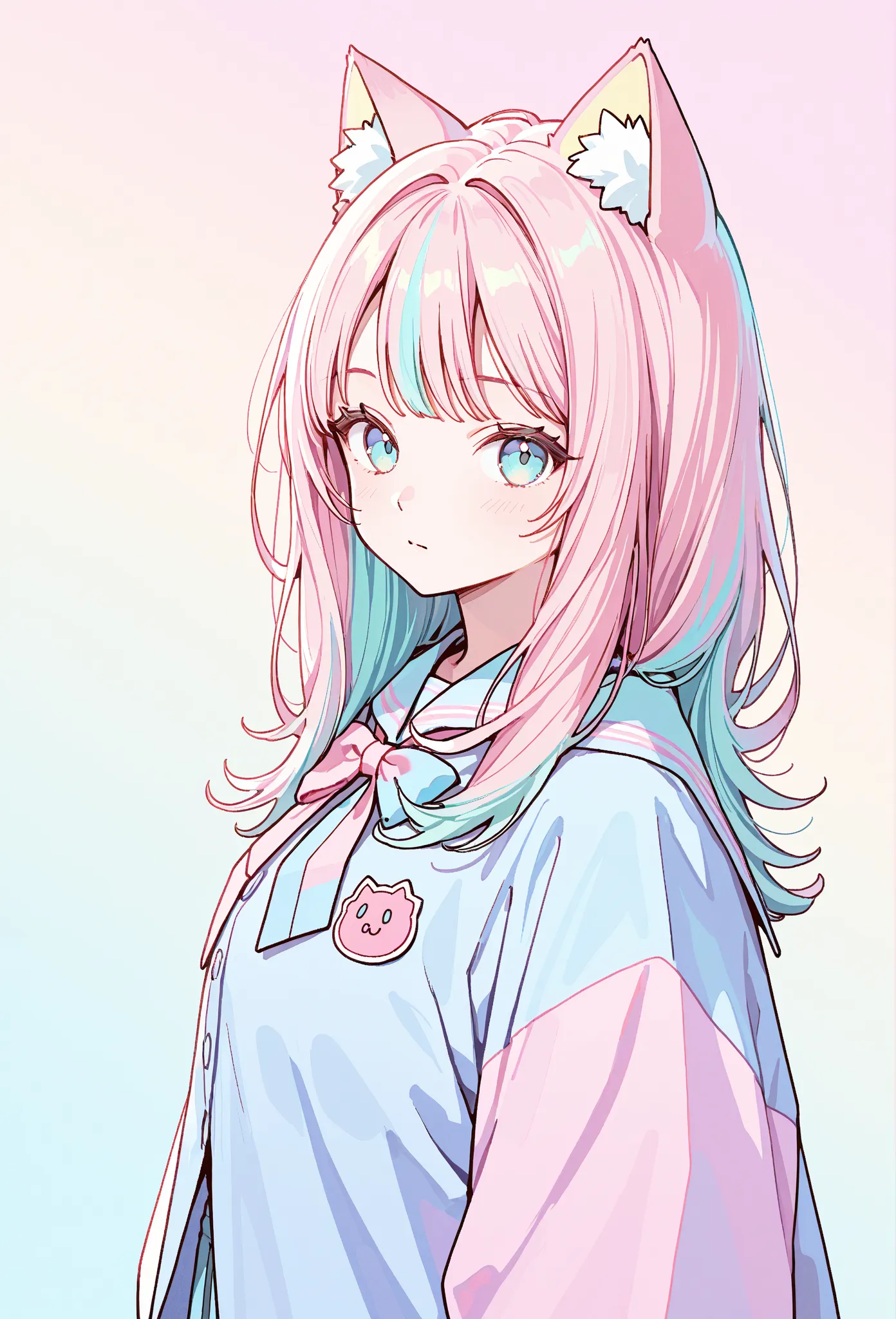 random hot and busty korean catgirl, cat ears, pastel color palette, no background, pastel background, colorful background, 