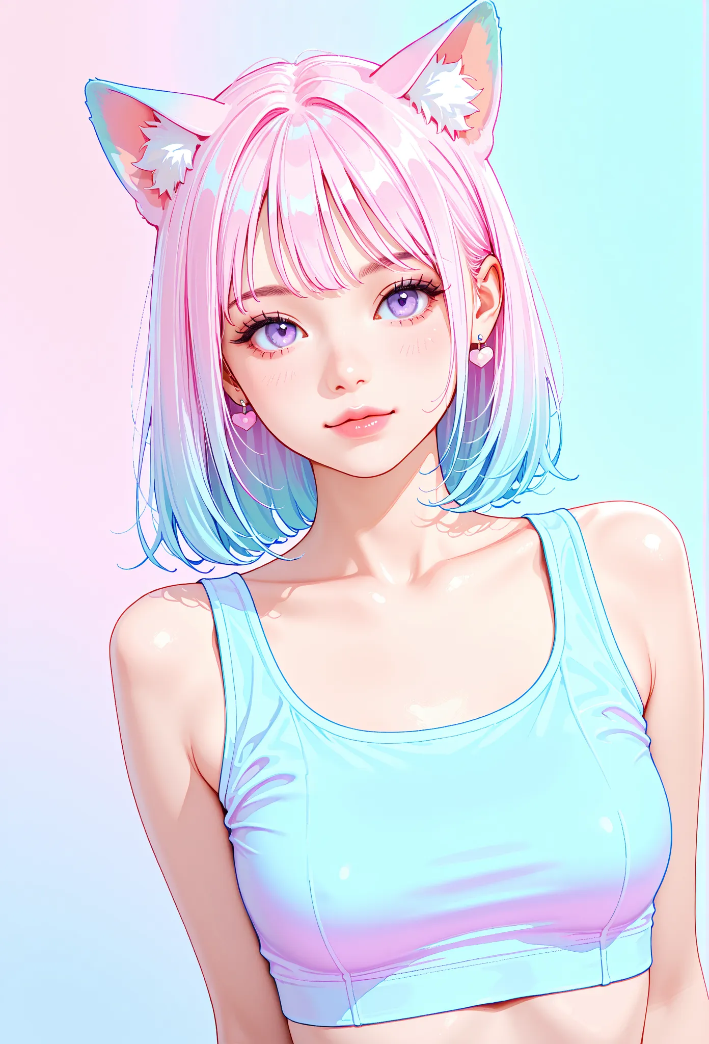 random hot and busty korean catgirl, cat ears, pastel color palette, no background, pastel background, colorful background, 