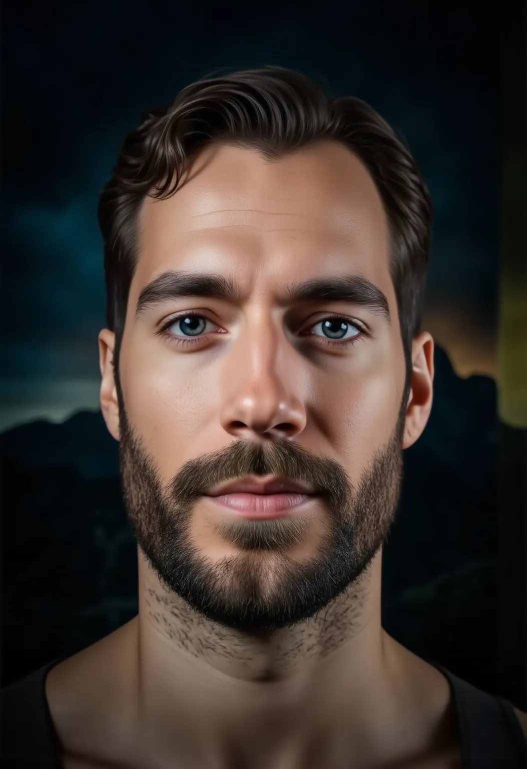 Portrait of a 38-year-old man with a well-defined beard, Shirtless ,  captured on a medium plane . Your skin has a realistic texture, , highlighting the natural details of your face. The lighting is cinematic, with subtle shadows that add depth. The backgr...