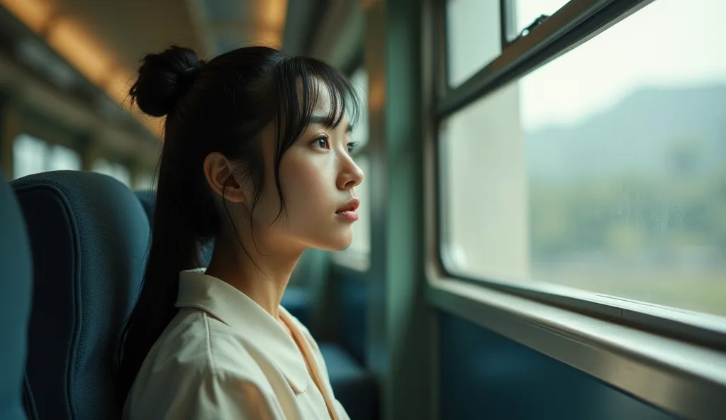 araffe woman sitting on a train looking out the window, in a japanese apartment, with subtitles, reluvy5213, sat down in train aile, Yoshitomo Nara, of a youthful japanese girl, 4 0 9 6, [32k hd]^10, 4k -4